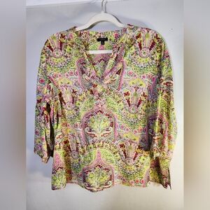 Talbots Pink and Green 3/4 Sleeve Blouse with Mandarin Collar 100% Cotton Sz 1XP